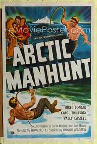 t033 ARCTIC MANHUNT one-sheet movie poster '49 Mikel Conrad in Alaskan bullwhip fight!