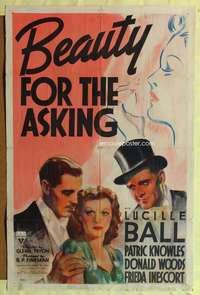 t052 BEAUTY FOR THE ASKING one-sheet movie poster '39 great artwork of young pretty Lucille Ball!