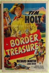 t077 BORDER TREASURE one-sheet movie poster '50 cool artwork of Tim Holt with two guns!