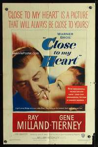 t141 CLOSE TO MY HEART one-sheet movie poster '51 Gene Tierney & Ray Milland adopt!