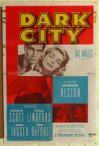 t167 DARK CITY one-sheet poster '50 introducing Charlton Heston, Lizabeth Scott, film noir!