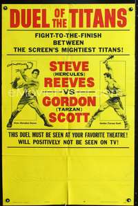 t206 DUEL OF THE TITANS B one-sheet '63 Steve Hercules Reeves vs Gordon Tarzan Scott fight poster!