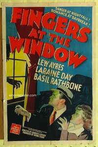 t240 FINGERS AT THE WINDOW one-sheet movie poster '42 Lew Ayres, Laraine Day, cool stone litho!