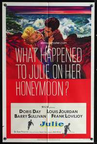 t340 JULIE one-sheet poster '56 what happened to Doris Day on her honeymoon with Louis Jourdan?
