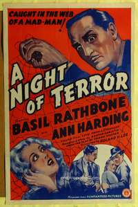 t373 LOVE FROM A STRANGER one-sheet poster R42 Basil Rathbone, Agatha Christie, A Night of Terror!