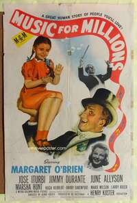 t435 MUSIC FOR MILLIONS one-sheet movie poster '45 Margaret O'Brien, Jimmy Durante, Jose Iturbi