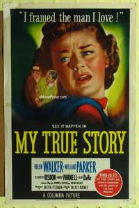 t438 MY TRUE STORY one-sheet movie poster '51 Mickey Rooney directed, I framed the man I love!