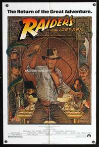t508 RAIDERS OF THE LOST ARK one-sheet poster R80s great Richard Amsel artwork of Harrison Ford!