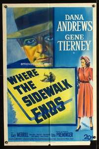 t736 WHERE THE SIDEWALK ENDS one-sheet poster '50 Dana Andrews, Gene Tierney, Otto Preminger noir!
