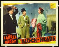 w002 BLOCK-HEADS movie lobby card '38 Stan Laurel & Oliver Hardy caught by wife!