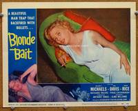 w117 BLONDE BAIT movie lobby card #1 '56 great close up of sexy smoking bad girl Beverly Michaels!