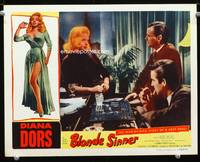 w118 BLONDE SINNER movie lobby card '56 sexy bad girl Diana Dors giving the eye!