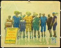 w138 BOWERY lobby card '33 wacky image of Beery and many men in old-time bathing suits on beach!