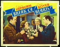 w142 BREAK OF HEARTS movie lobby card '35 Charles Boyer gives Katharine Hepburn flowers!
