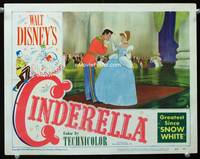 w184 CINDERELLA movie lobby card #2 '50 Disney, great image of Prince Charming kissing her hand!