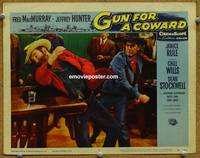 w365 GUN FOR A COWARD movie lobby card #8 '56 Jeffrey Hunter slugs man in bar!