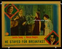 w387 HE STAYED FOR BREAKFAST movie lobby card '40 Loretta Young, Melvyn Douglas, Una O'Connor
