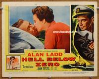 w394 HELL BELOW ZERO movie lobby card '54 Alan Ladd & Joan Tetzel kiss close up!