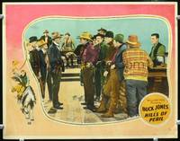 w403 HILLS OF PERIL movie lobby card '27 Buck Jones with cool hat and gloves!