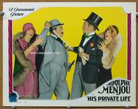 w405 HIS PRIVATE LIFE lobby card '28 Adolphe Menjou in top hat & tux fighting, Margaret Livingston