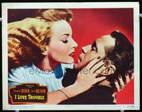 w422 I LOVE TROUBLE movie lobby card '47 super romantic close up of Franchot Tone & Janet Blair!