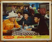 w496 LAWLESS COWBOYS movie lobby card #2 '51 Whip Wilson reads the newspaper in bar!