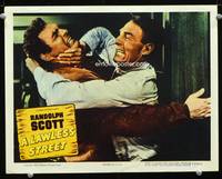 w497 LAWLESS STREET movie lobby card '55 Randolph Scott fight close up!