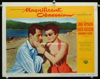 w534 MAGNIFICENT OBSESSION movie lobby card #2 '54 great close up of Rock Hudson & blind Jane Wyman!