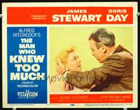w546 MAN WHO KNEW TOO MUCH movie lobby card #1 '56 Jimmy Stewart & Doris Day close up, Hitchcock
