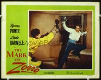 w557 MARK OF ZORRO movie lobby card #3 R58 great Tyrone Power duelling close up!
