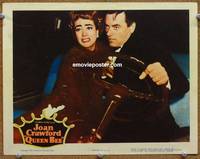 w639 QUEEN BEE movie lobby card '55 scared Joan Crawford & John Ireland close up in car!