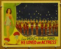 w386 HE LOVED AN ACTRESS movie lobby card '37 sexy deco chorus girls hold parachute!