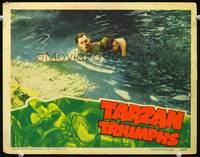 w757 TARZAN TRIUMPHS movie lobby card '43 Johnny Weismuller resceus man in water!