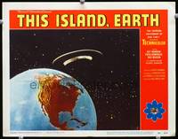 w780 THIS ISLAND EARTH movie lobby card #5 '55 classic image of alien space ship over Earth!