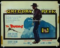 z050 BRAVADOS title movie lobby card '58 cowboy Gregory Peck with gun, Joan Collins
