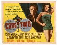 z074 CODE TWO title movie lobby card '53 Ralph Meeker with gun, sexy Elaine Stewart!