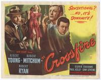 z082 CROSSFIRE movie title card '47 Robert Young, Robert Mitchum, Robert Ryan, sexy Gloria Grahame!