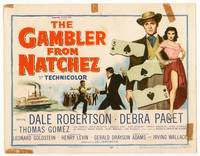 z110 GAMBLER FROM NATCHEZ title lobby card '54 Dale Robertson, Debra Paget, cool riverboat art!