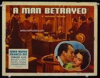 z194 MAN BETRAYED title movie lobby card '41 John Wayne nuzzles Frances Dee's cheek!