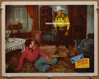 z638 RAINBOW OVER TEXAS movie lobby card '46 Roy Rogers with gun catches bad guy!