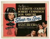 z271 SLEEP MY LOVE title movie lobby card '47 Claudette Colbert, Robert Cummings, Don Ameche