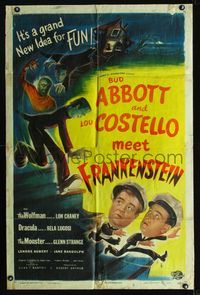 b003 ABBOTT & COSTELLO MEET FRANKENSTEIN one-sheet '48 and also the Wolfman & Dracula, cool art!