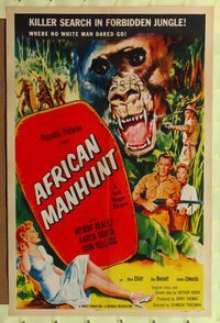 b029 AFRICAN MANHUNT one-sheet movie poster '54 in the forbidden jungle where no white man dared go!