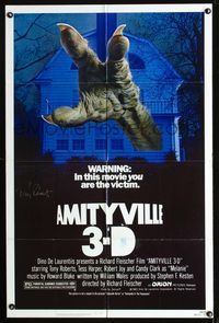 b043 AMITYVILLE 3D signed one-sheet movie poster '83 by Tony Roberts, cool monster horror image!