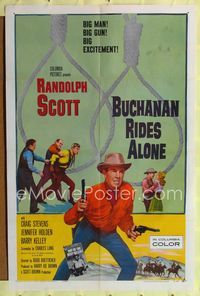 b097 BUCHANAN RIDES ALONE one-sheet poster '58 big man Randolph Scott has a big gun, Budd Boetticher
