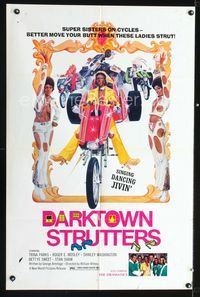 b158 DARKTOWN STRUTTERS 1-sheet '76 super sisters on cycles, better move your butt when they strut!