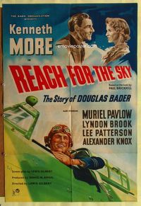 b532 REACH FOR THE SKY English one-sheet poster '57 cool artwork of pilot Kenneth More in airplane!