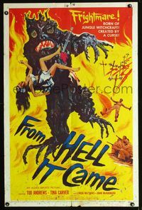 b258 FROM HELL IT CAME one-sheet poster '57 classic image of wacky tree monster holding sexy girl!