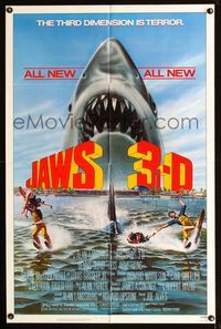 b342 JAWS 3-D one-sheet poster '83 great Gary Meyer shark artwork, the third dimension is terror!