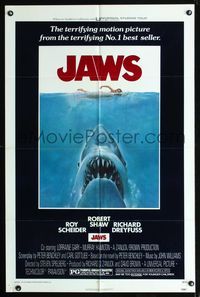 b338 JAWS one-sheet movie poster '75 Steven Spielberg classic man-eating shark!